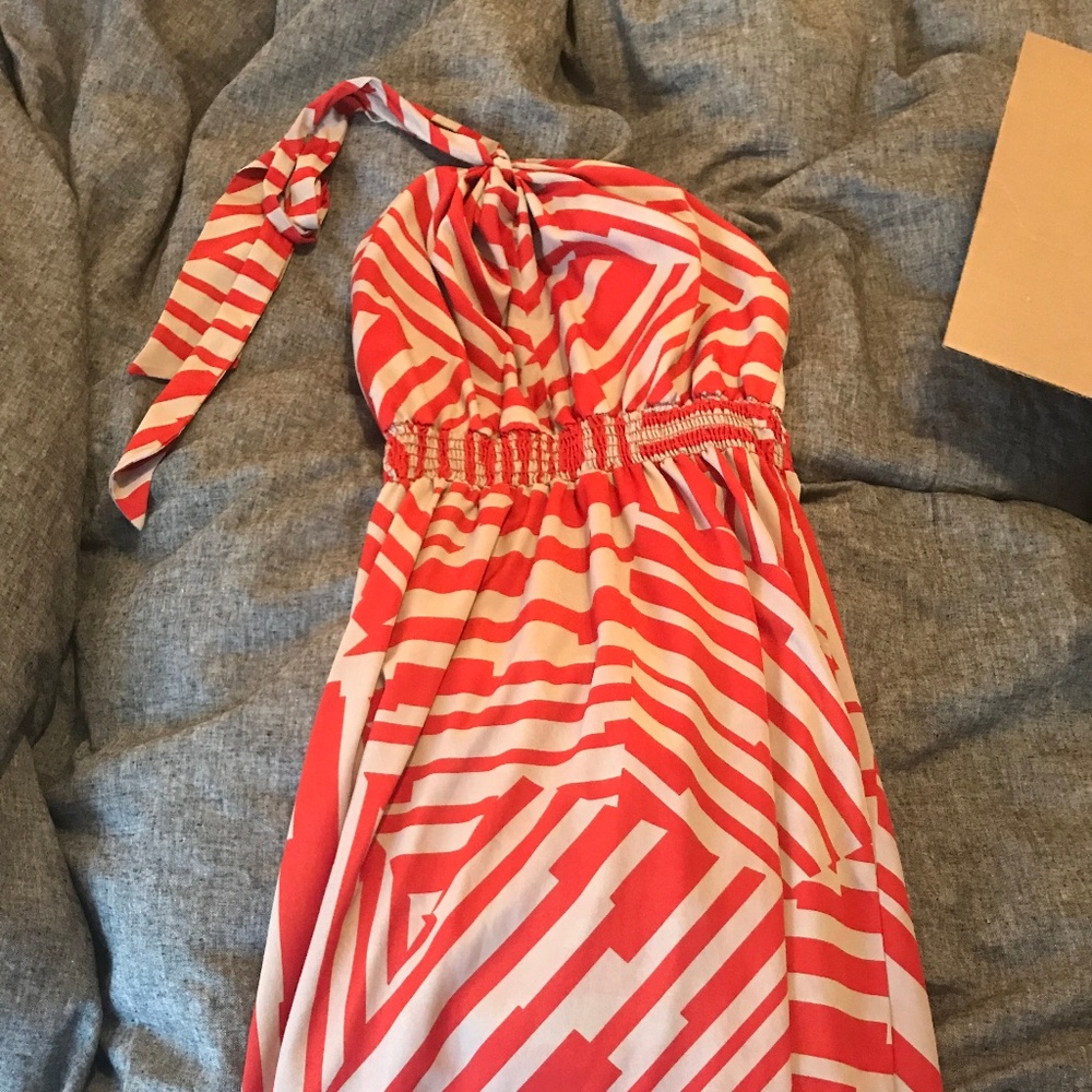 Orange and Gray Striped Maxi Halter Dress